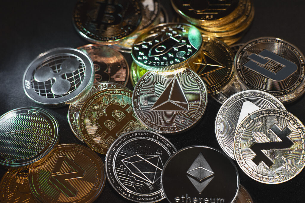 A closeup shot of cryptocurrency coins